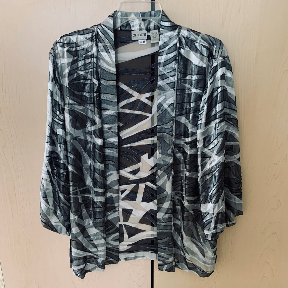 Chico's Kimono Jacket Women Lightweight Metallic Black Silver Silk Blend 0/1 S/M - Picture 4 of 10